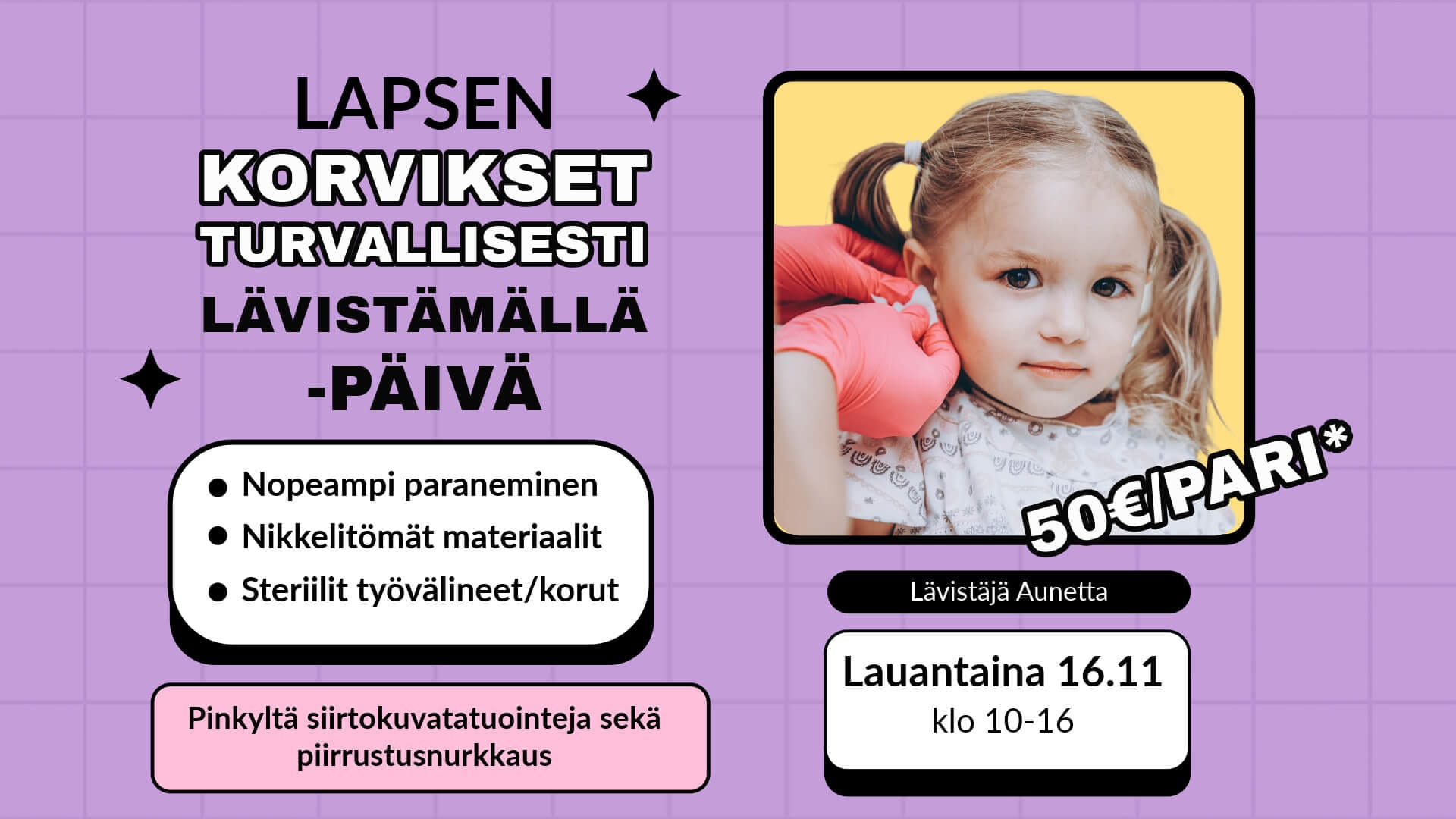 Lasten korvakorut lävistämällä LuxJewelle Mikkeli